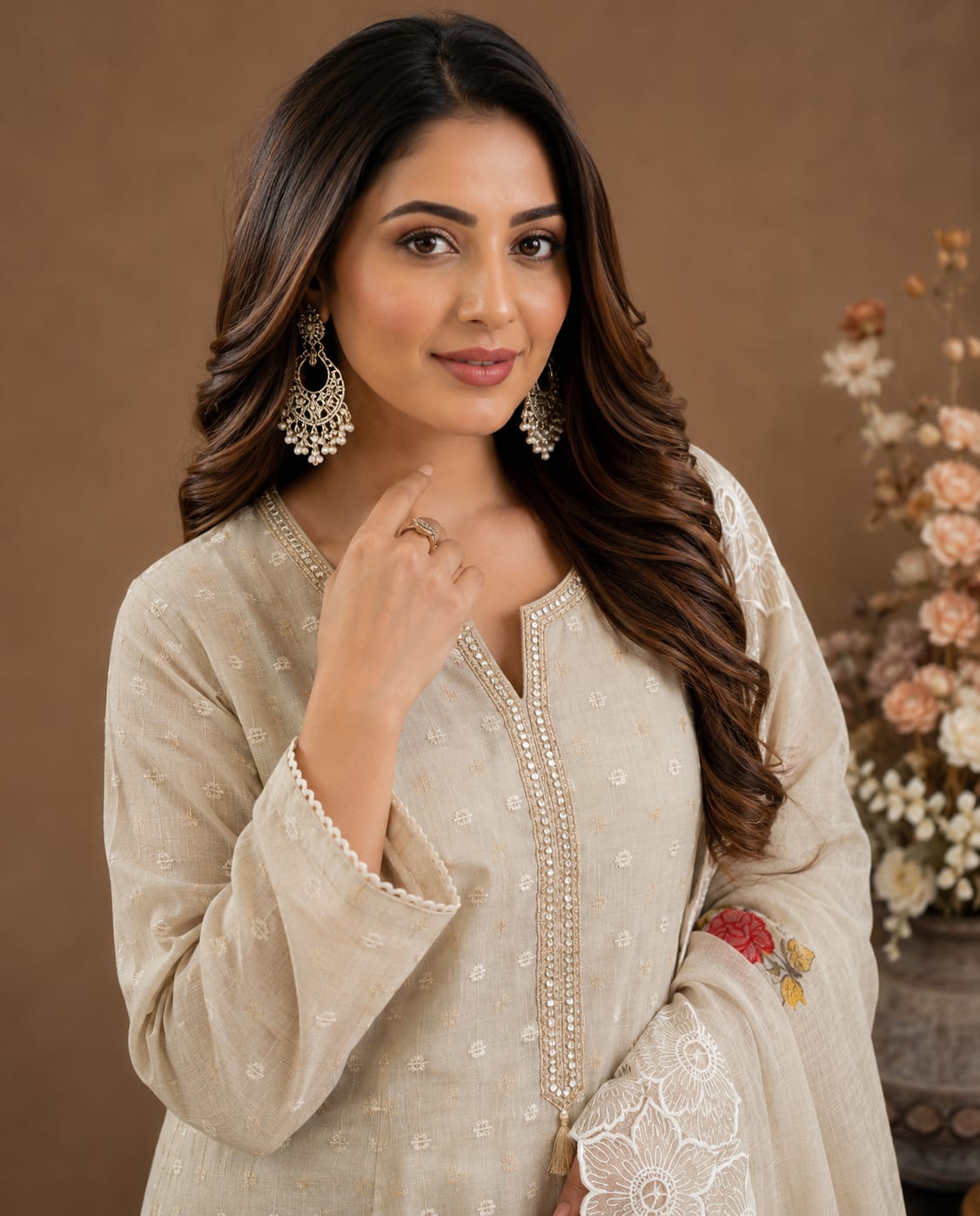 Ivory Embroidered Anarkali Kurta Set with Dupatta