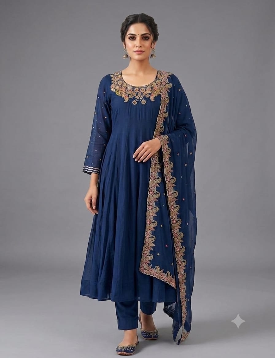Navy Blue Embroidered Anarkali Kurta Set with Dupatta