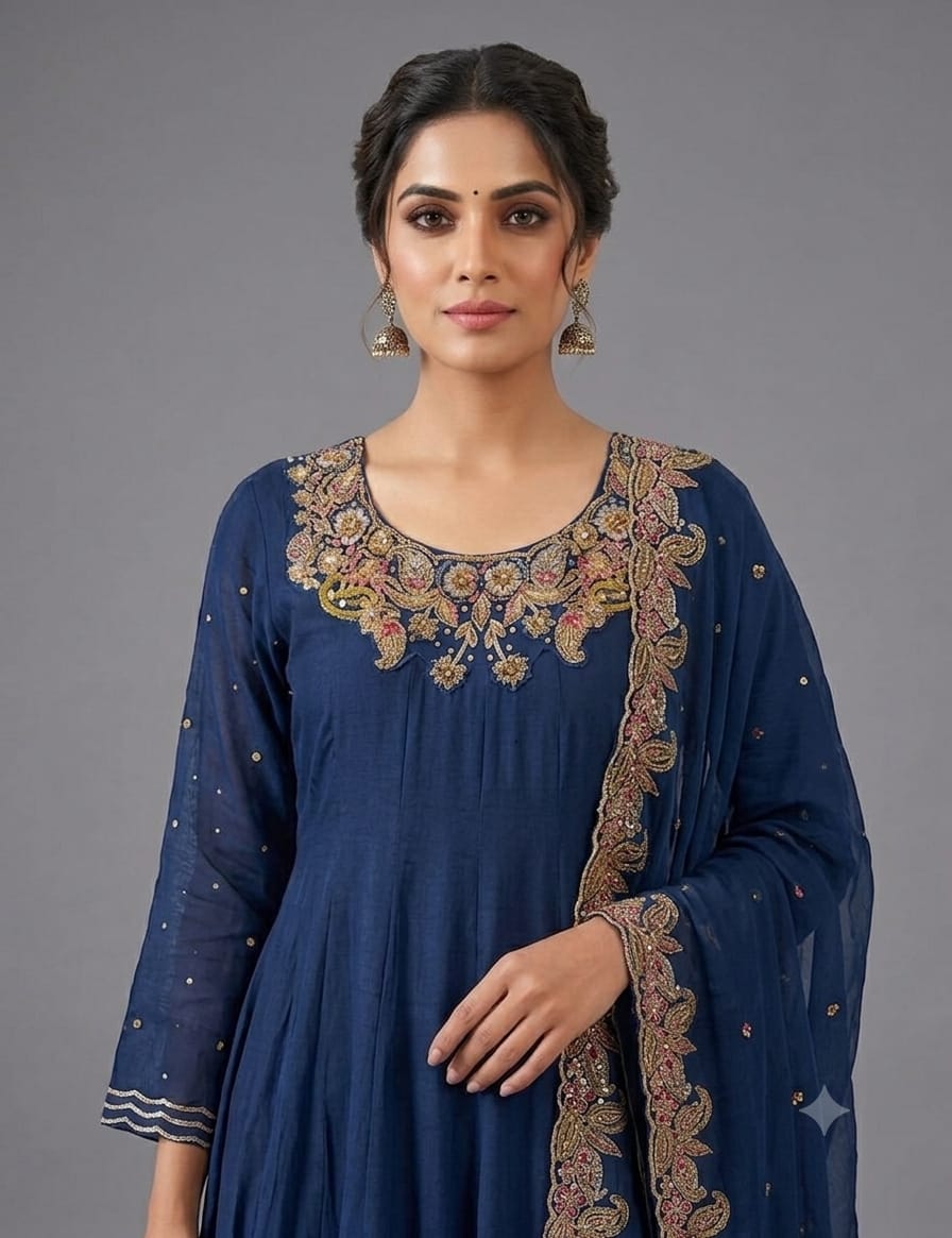 Navy Blue Embroidered Anarkali Kurta Set with Dupatta