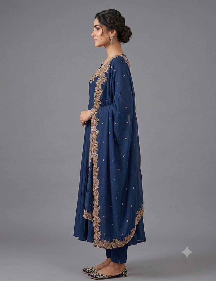Navy Blue Embroidered Anarkali Kurta Set with Dupatta