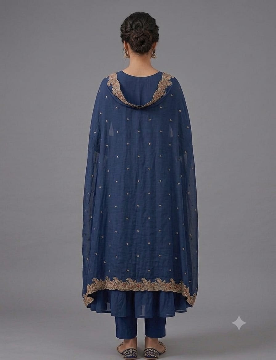 Navy Blue Embroidered Anarkali Kurta Set with Dupatta