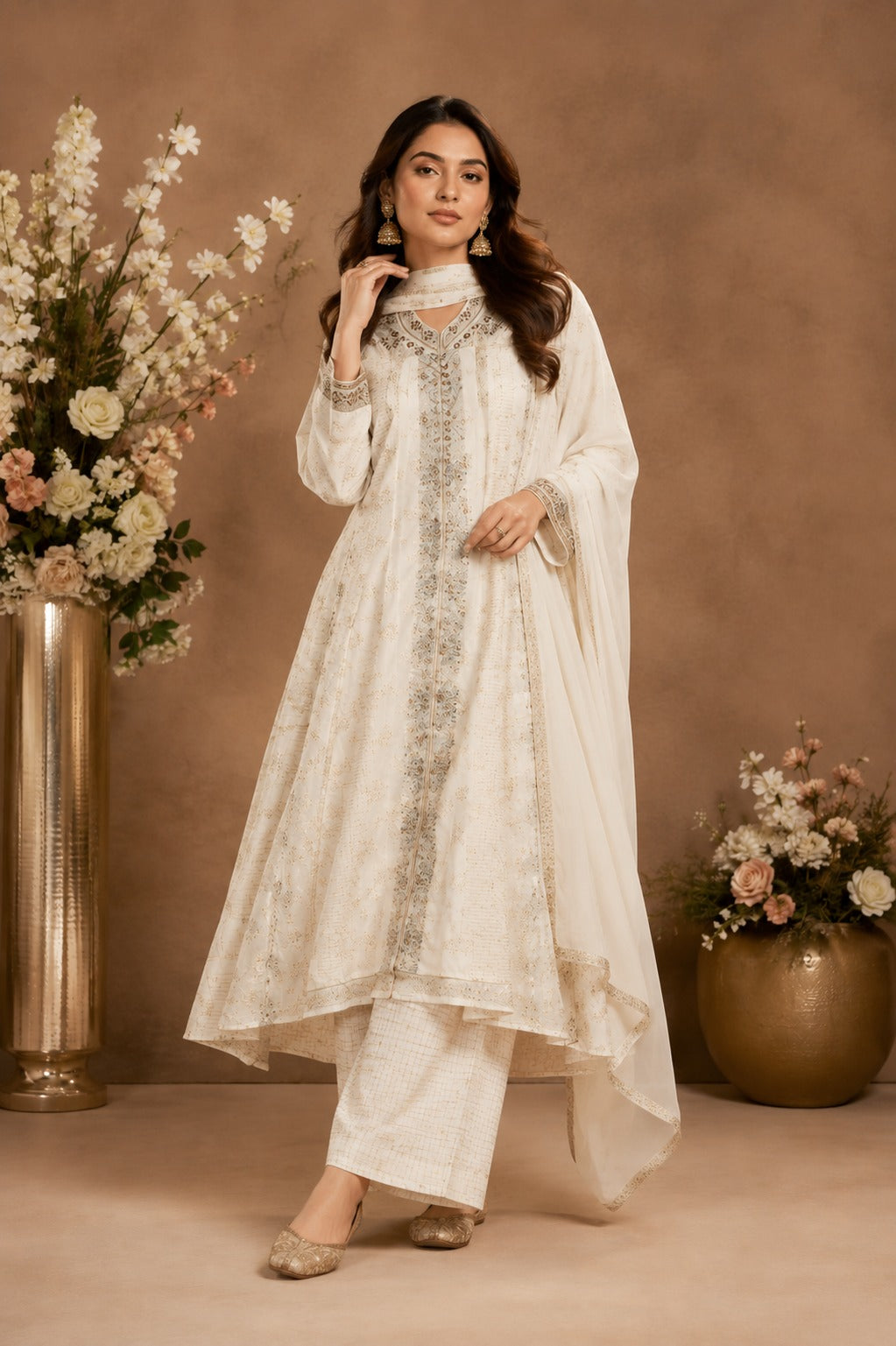 Ivory Printed High-Low Kurta Palazzo Set with Dupatta