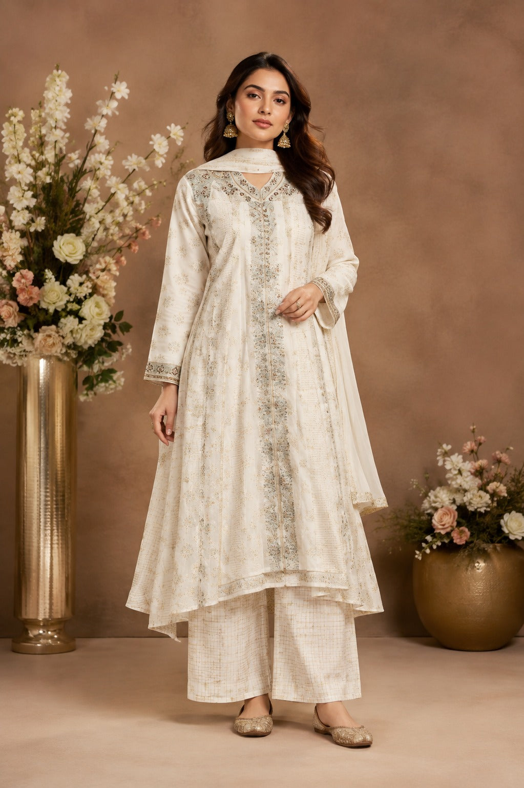Ivory Printed High-Low Kurta Palazzo Set with Dupatta