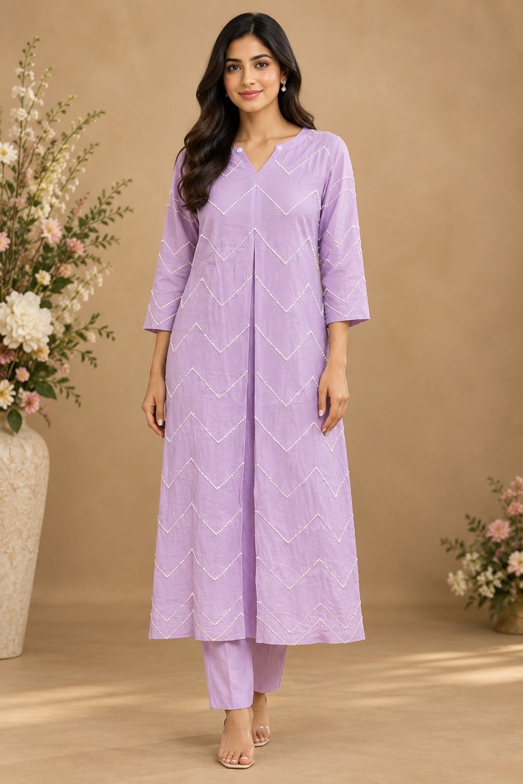 Lavender Real Moti Work Straight Kurta Set