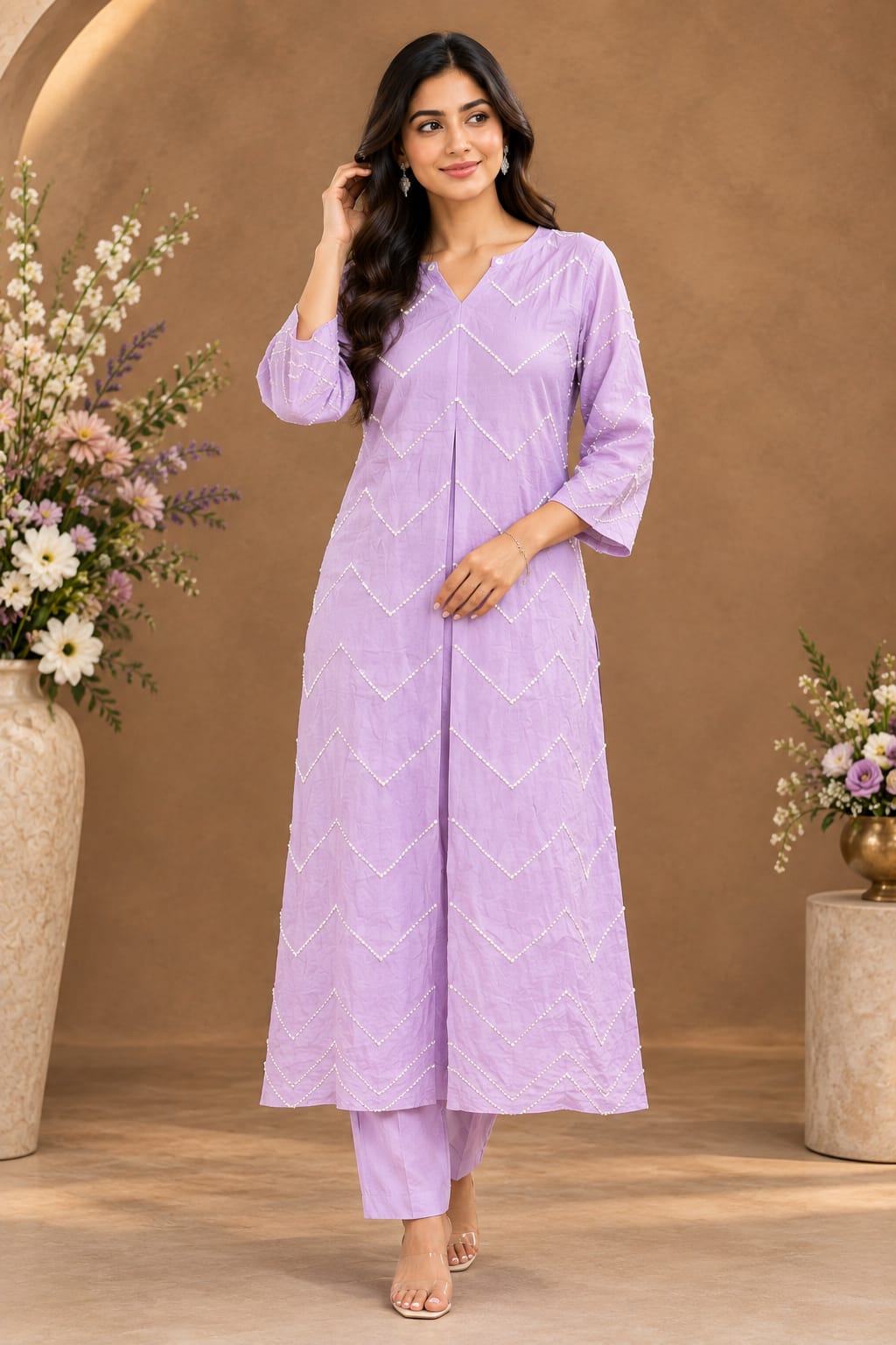 Lavender Real Moti Work Straight Kurta Set