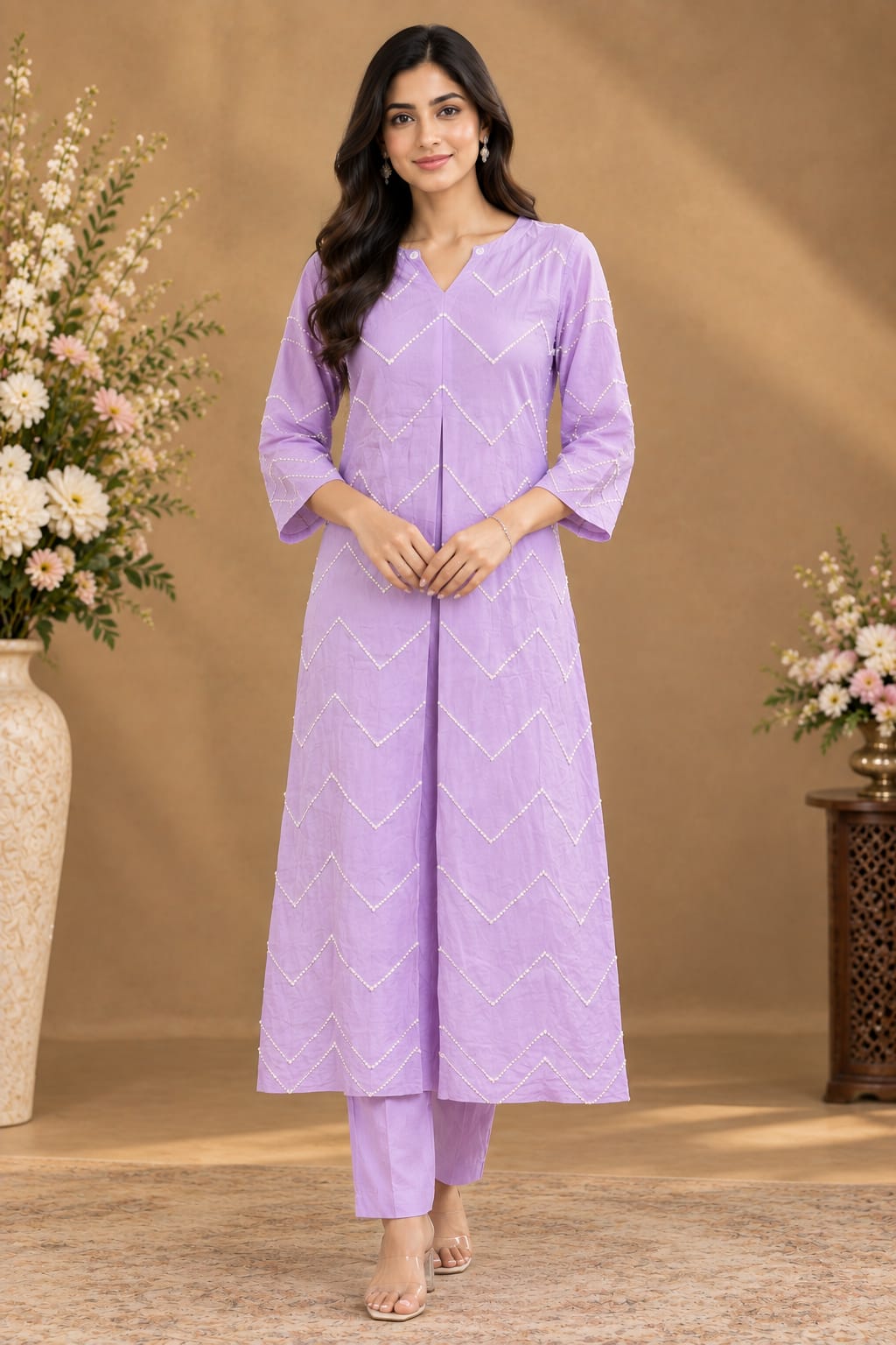 Lavender Real Moti Work Straight Kurta Set