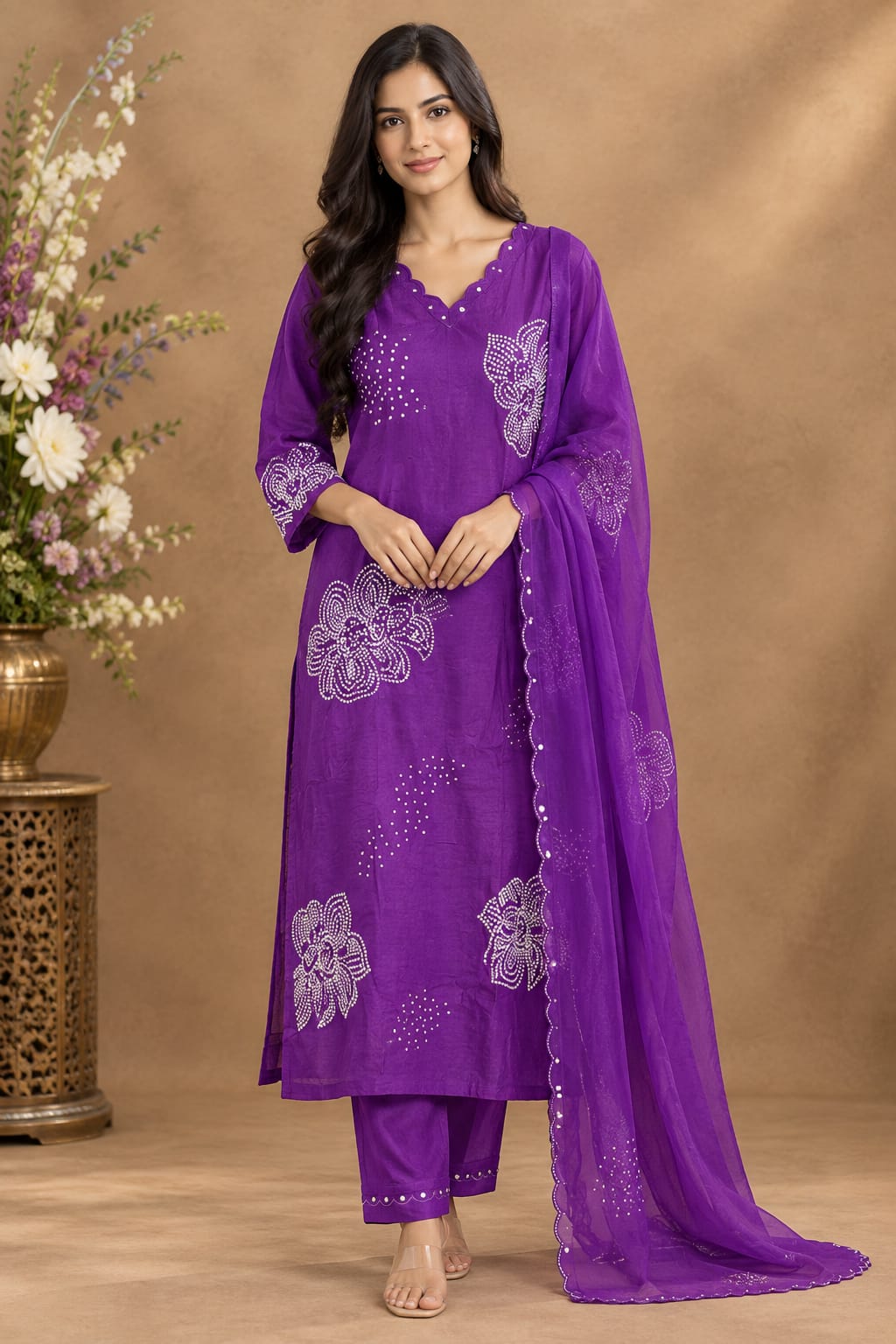 Purple & Green Embellished Kurta Pant Set with Dupatta