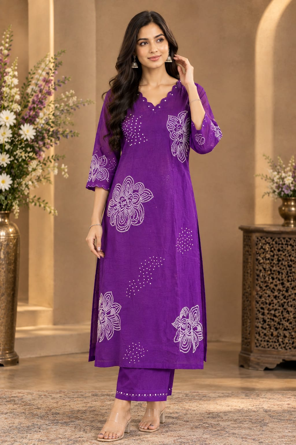 Purple & Green Embellished Kurta Pant Set with Dupatta