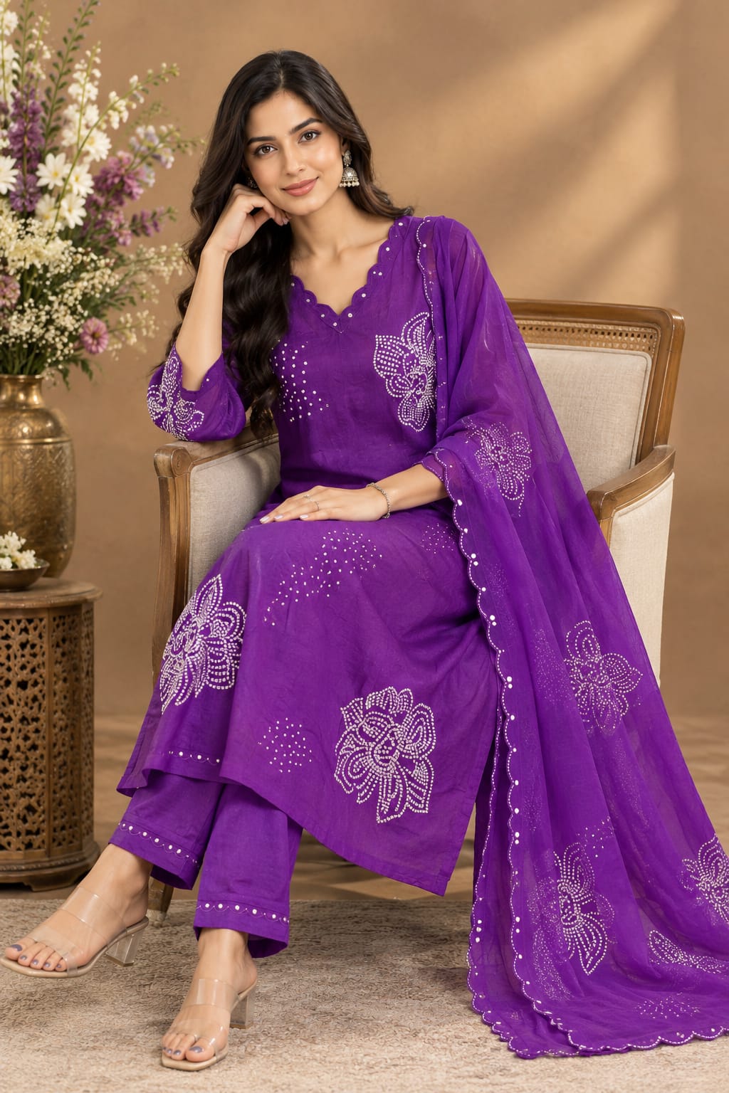 Purple & Green Embellished Kurta Pant Set with Dupatta