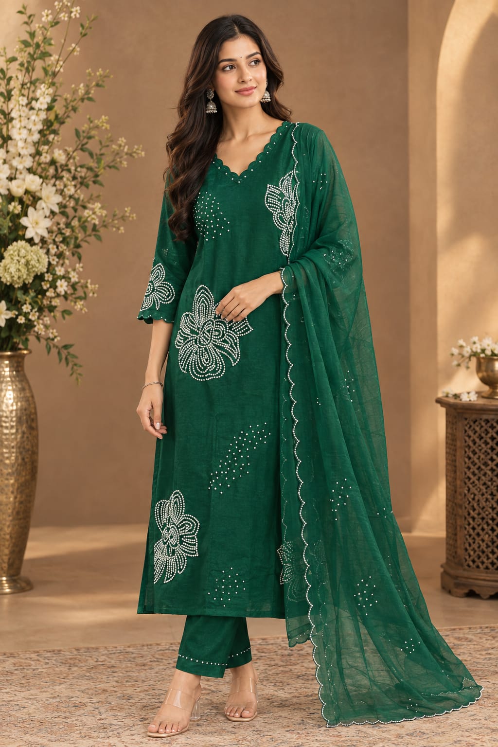 Purple & Green Embellished Kurta Pant Set with Dupatta