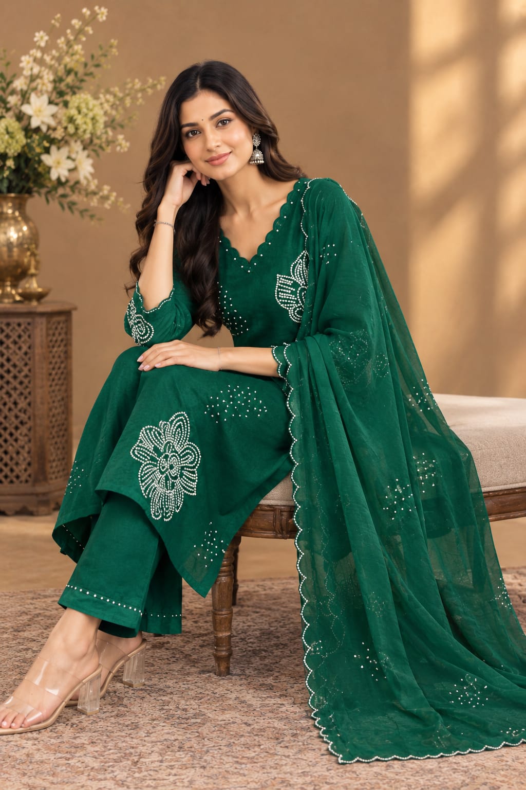 Purple & Green Embellished Kurta Pant Set with Dupatta