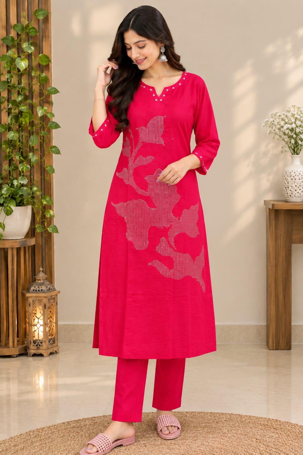 Pink Floral Sequin Kurta Pant Set
