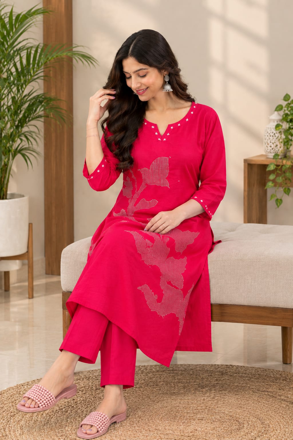 Pink Floral Sequin Kurta Pant Set