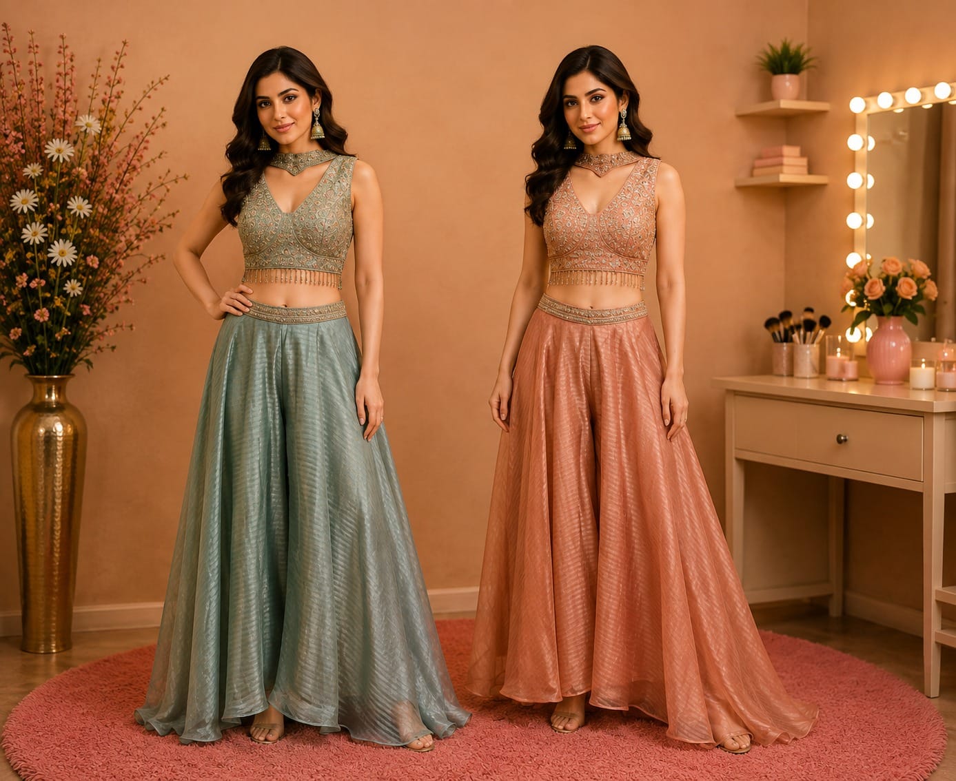 Elegant Emerald Green & RUST Embroidered Lehenga Set
