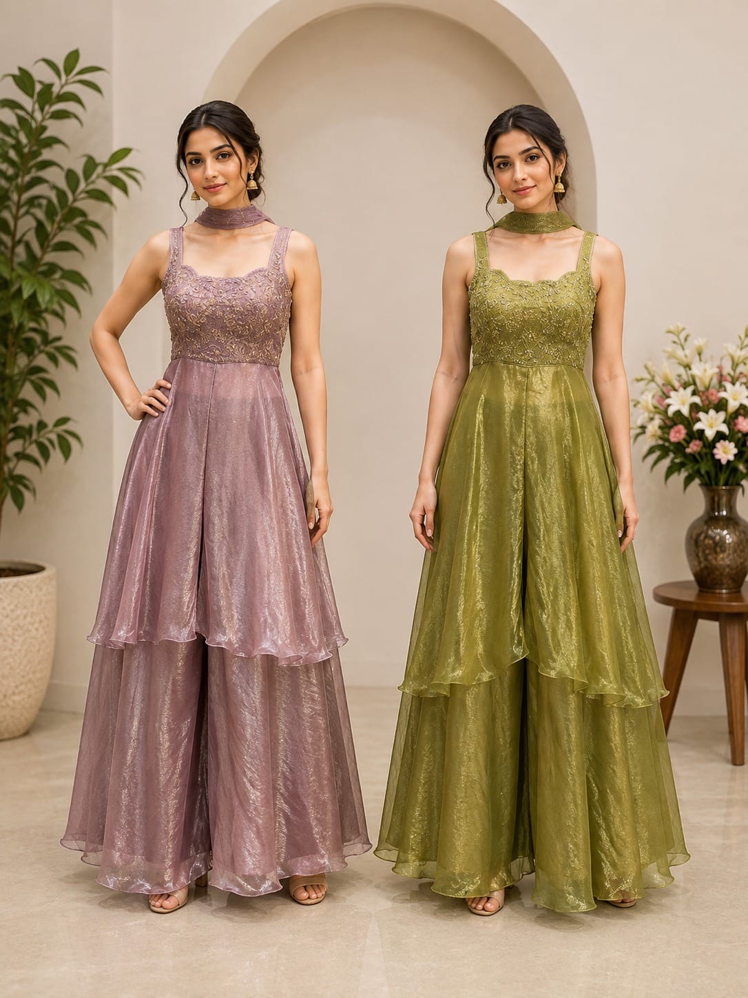 Parrot Green & lavender Embroidered Layered Gown for Women
