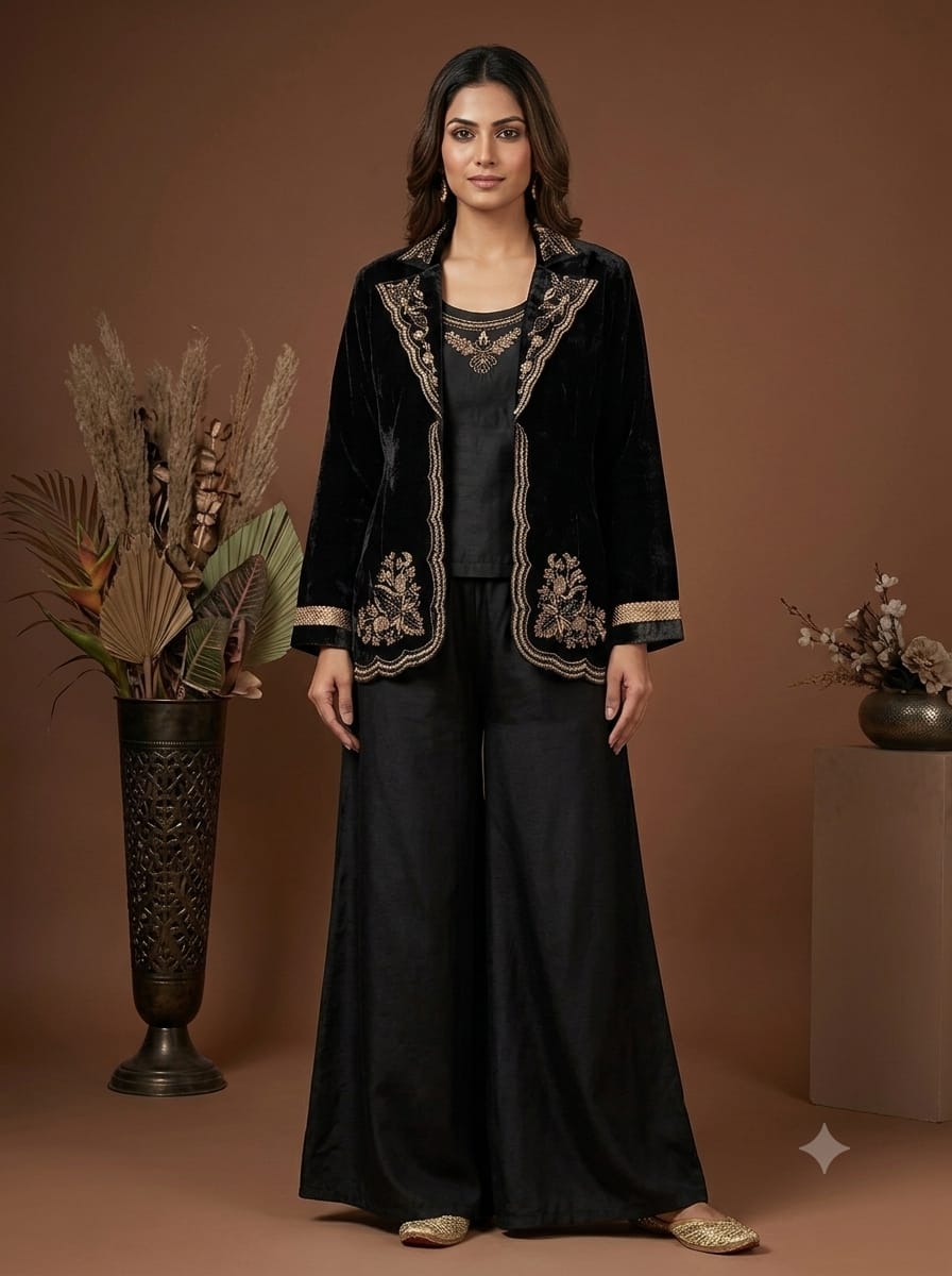 Black Velvet Embroidered Indo-Western Co-Ord Set