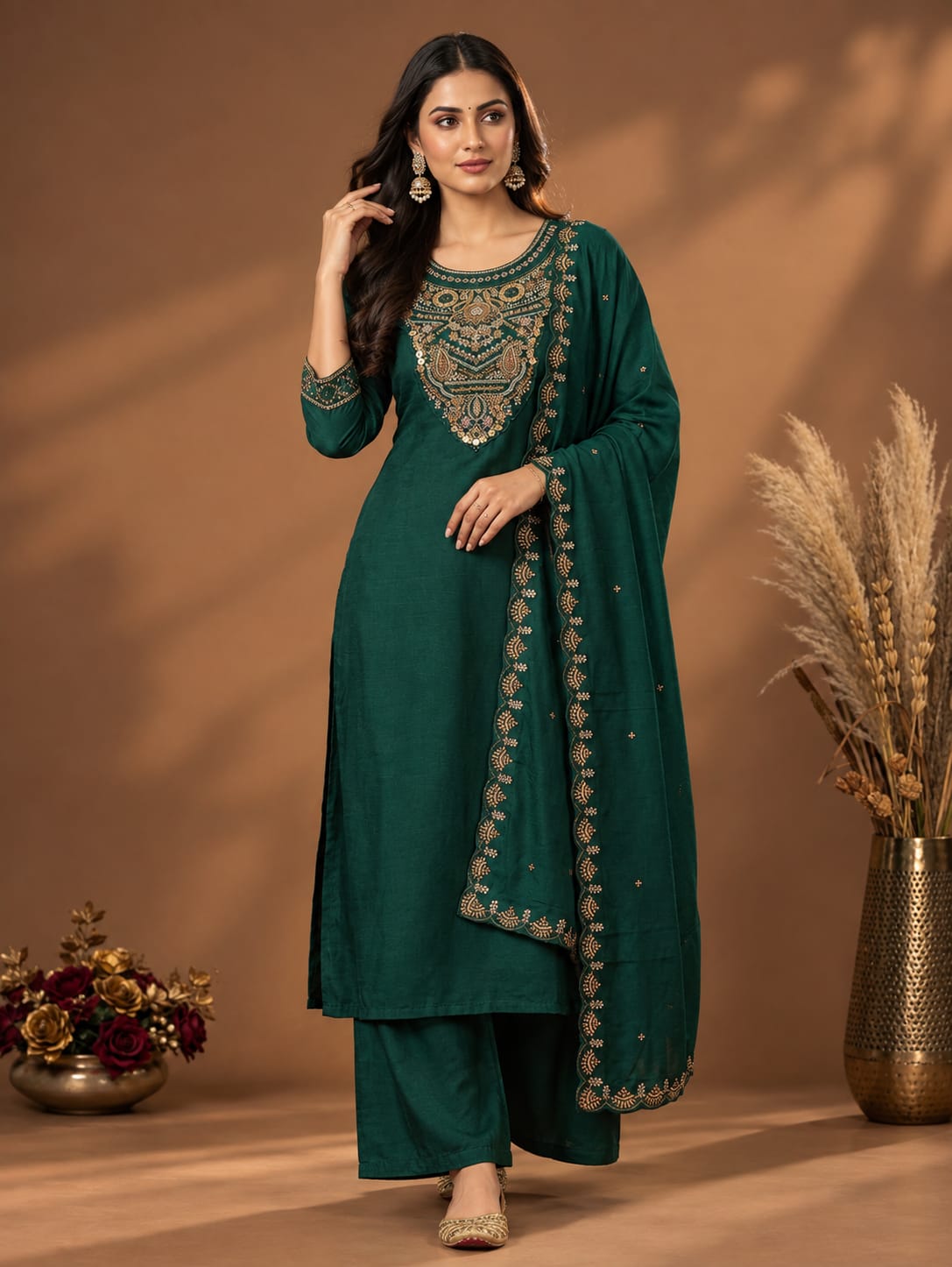Elegant Green Embroidered Kurta Pant Dupatta Set