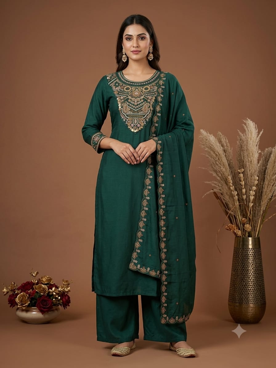 Elegant Green Embroidered Kurta Pant Dupatta Set