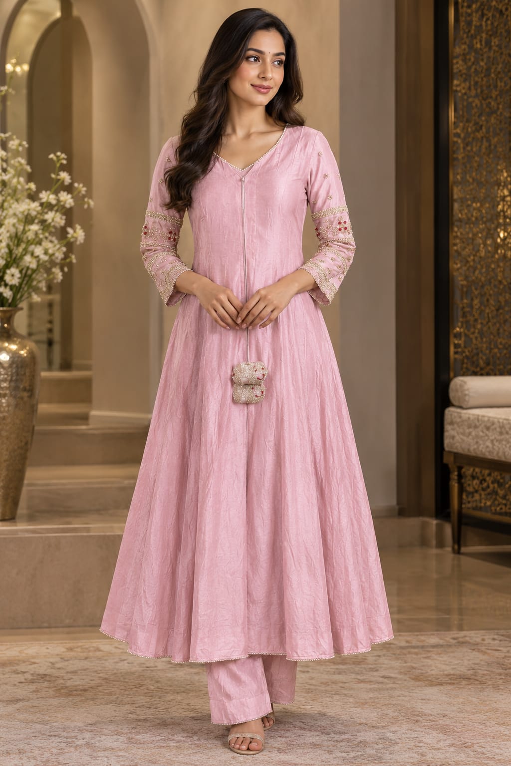 Pink Embellished Flared Kurta Set