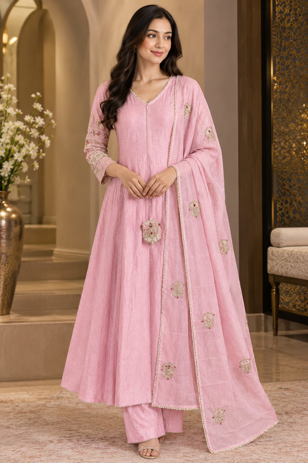 Pink Embellished Flared Kurta Set
