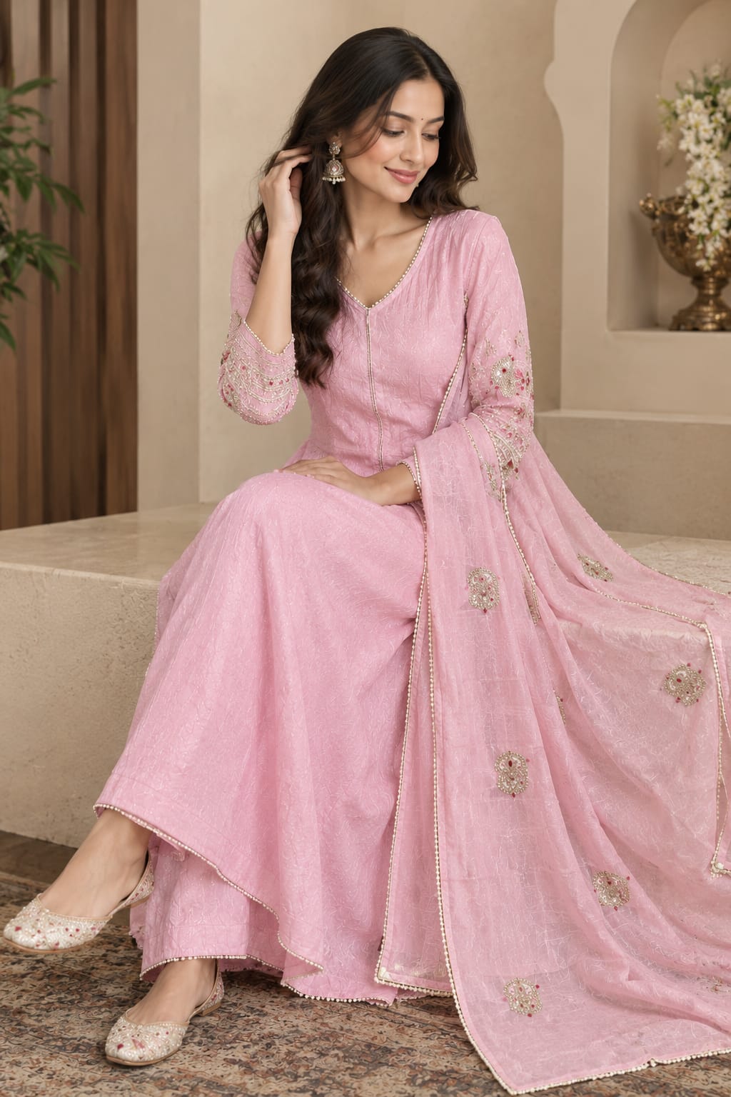 Pink Embellished Flared Kurta Set