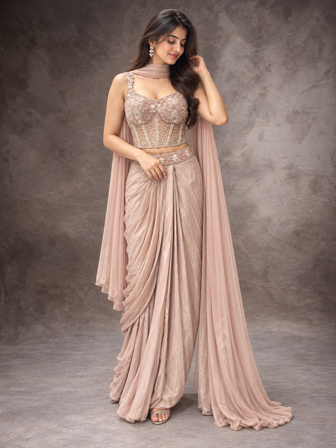 Blush Pink Draped Skirt & Embroidered Blouse Set