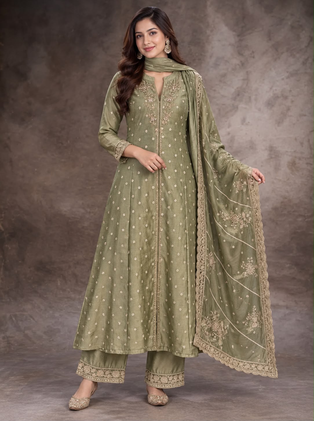 Olive Green Embroidered Anarkali Suit Set with Dupatta