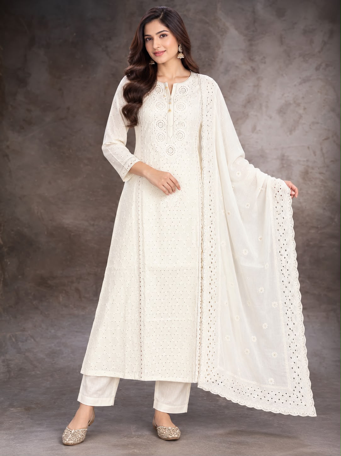 Elegant White Embroidered Straight Suit Set with Dupatta