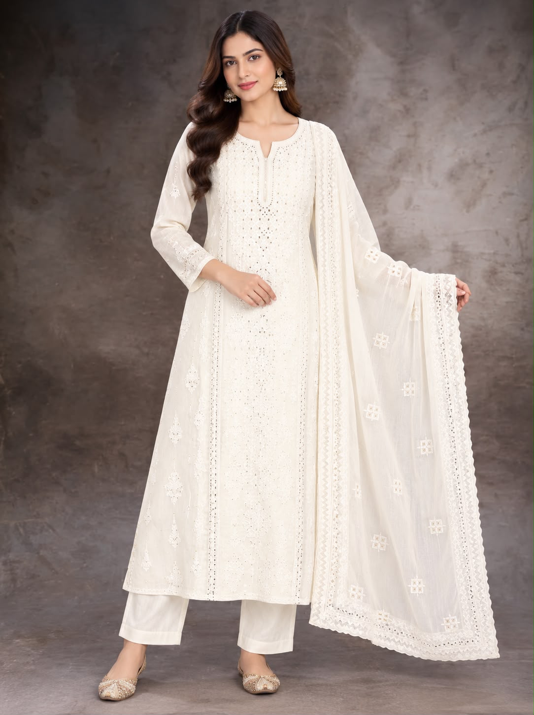 Elegant White Chikankari Embroidered Kurta Set with Dupatta
