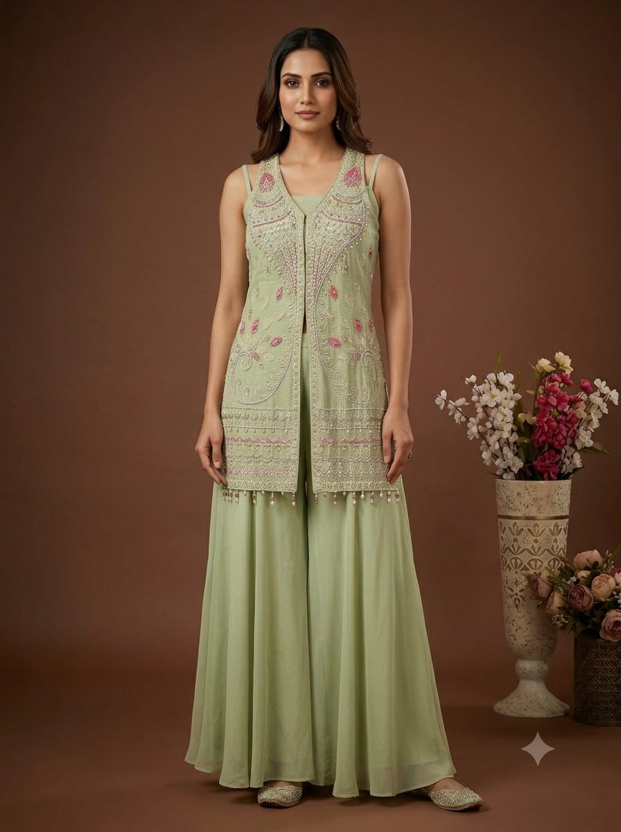 Pastel Green Embroidered Jacket Style Sharara Set