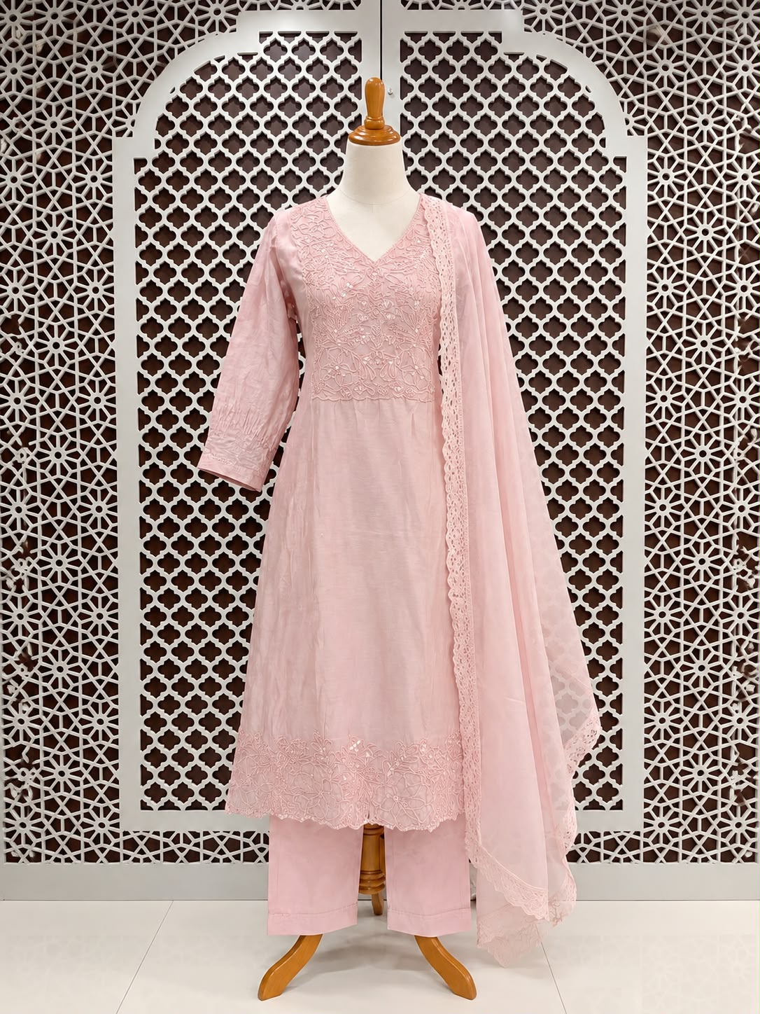 Elegant Pink Embroidered Kurta Palazzo Set with Dupatta