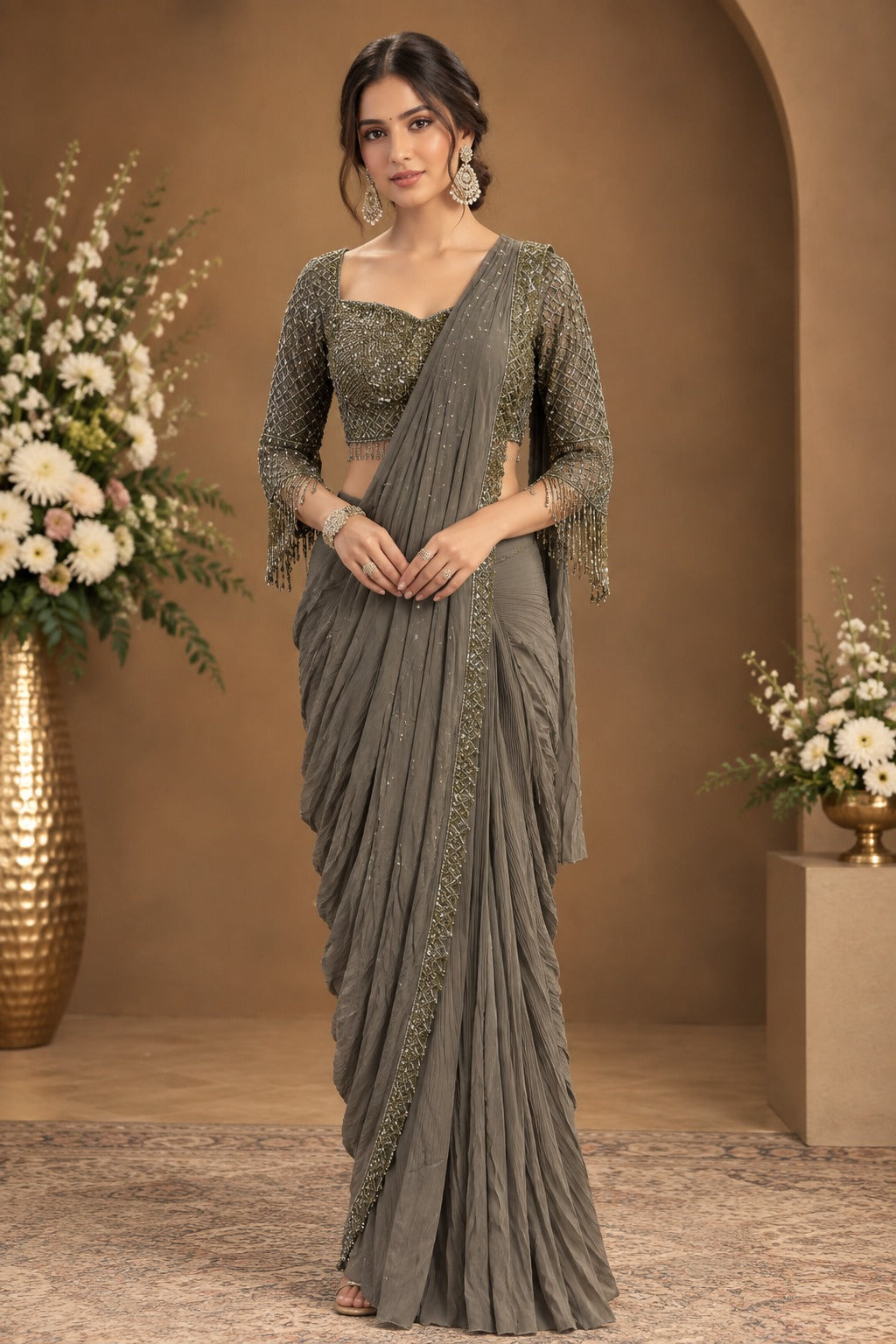 Elegant Grey Ruffle Saree with Embellished Blouse