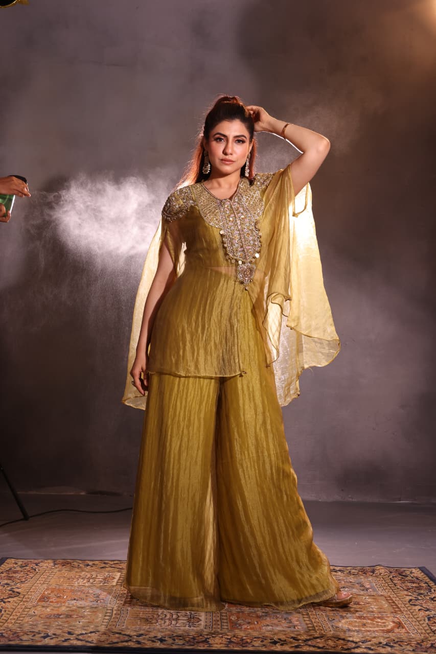 Olive Green & Rust Embellished Cape Style Palazzo Set