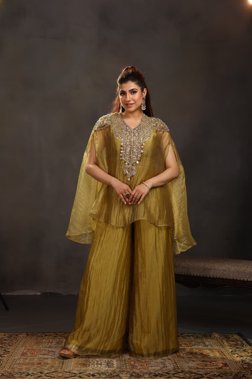 Olive Green & Rust Embellished Cape Style Palazzo Set