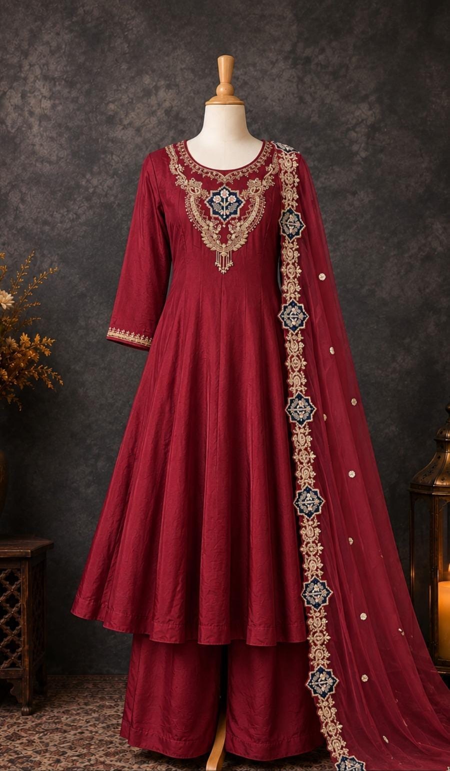 Elegant Maroon Anarkali Suit Set with Golden Embroidered Dupatta
