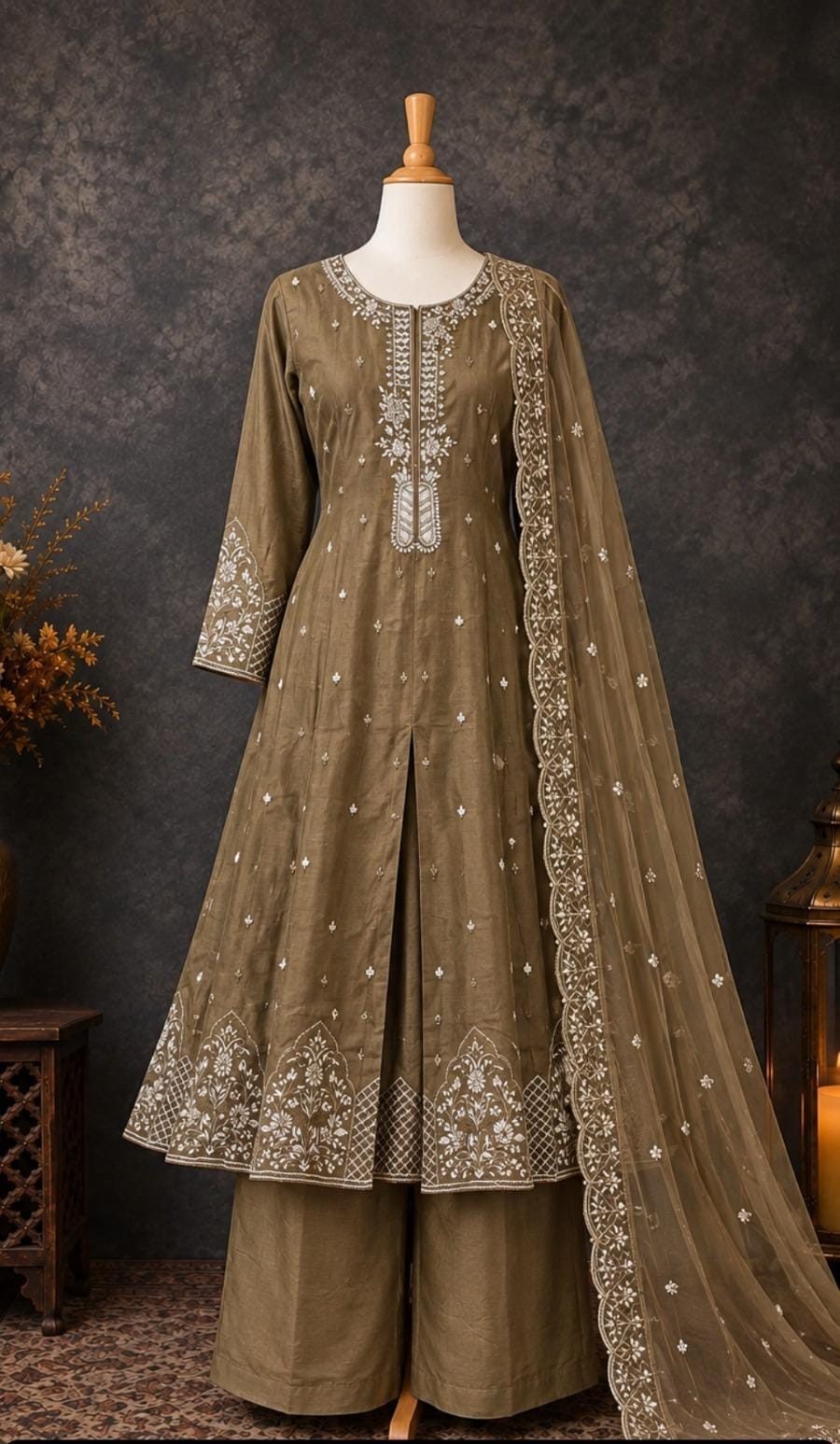 Elegant Olive Green Embroidered Palazzo Suit Set