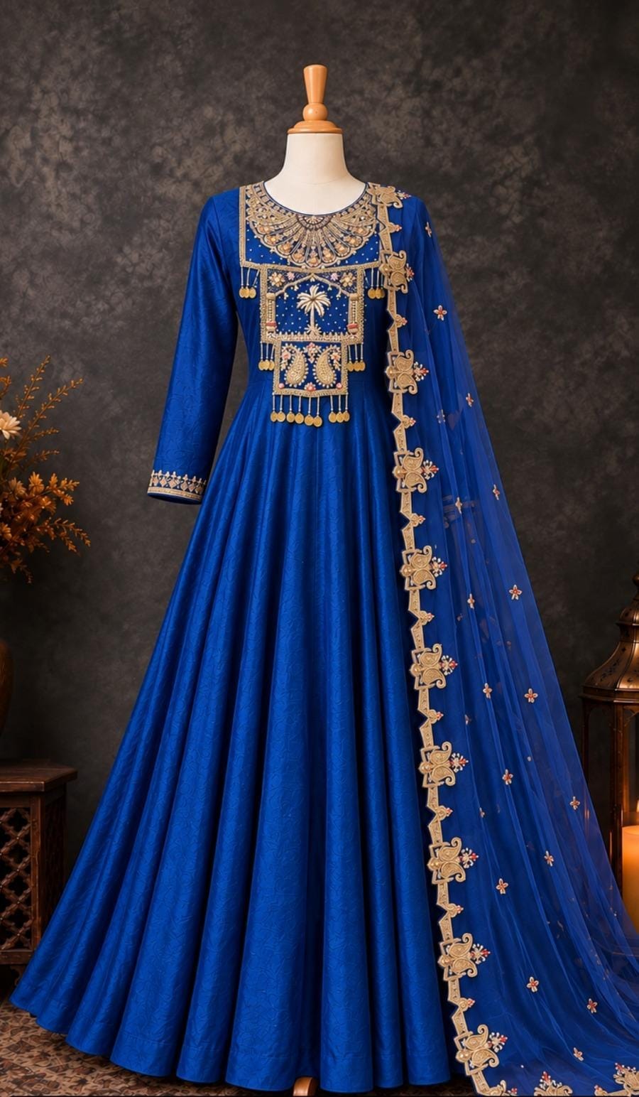 Royal Blue Embroidered Anarkali Gown with Dupatta