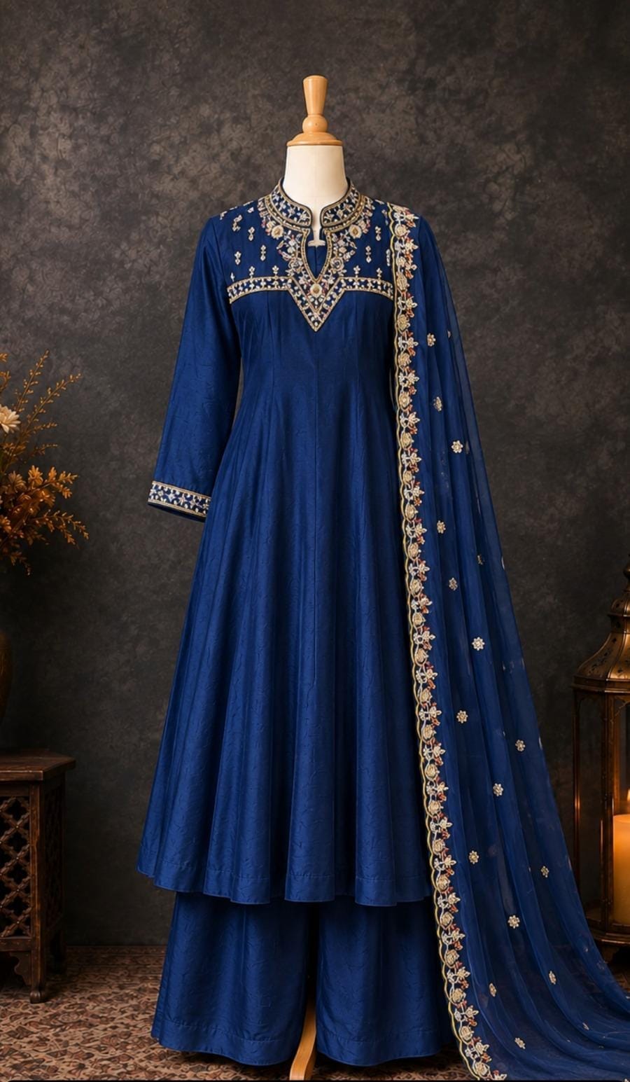 Elegant Navy Blue Anarkali Suit Set with Embroidered Dupatta
