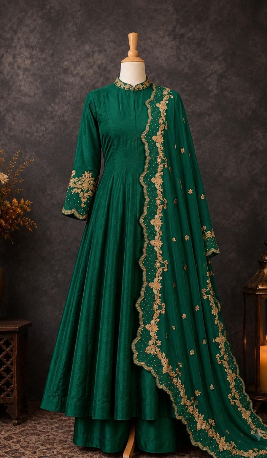 Elegant Emerald Green Anarkali Suit Set with Golden Embroidered Dupatta