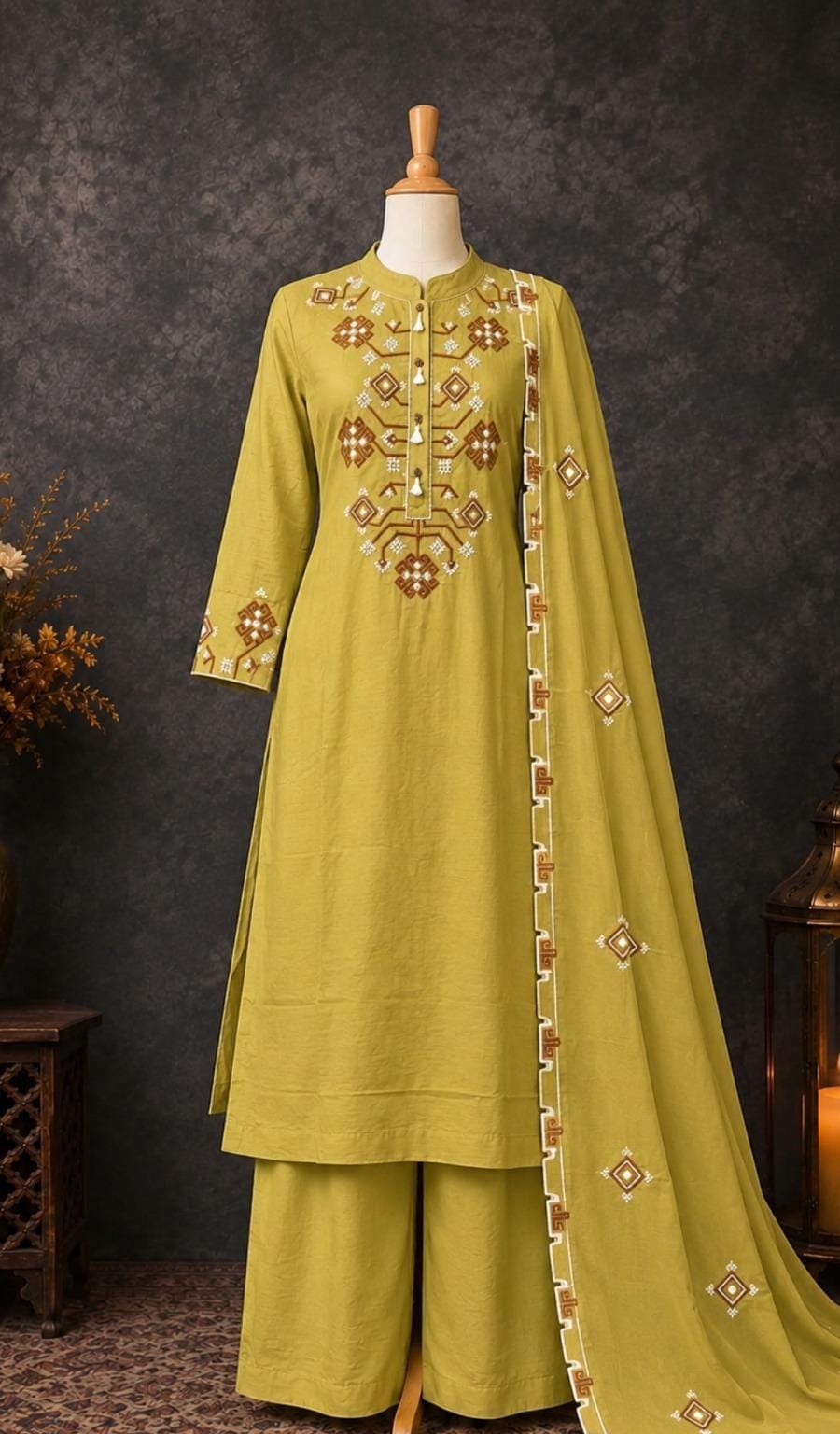 Elegant Mustard Yellow Embroidered Palazzo Suit Set with Dupatta