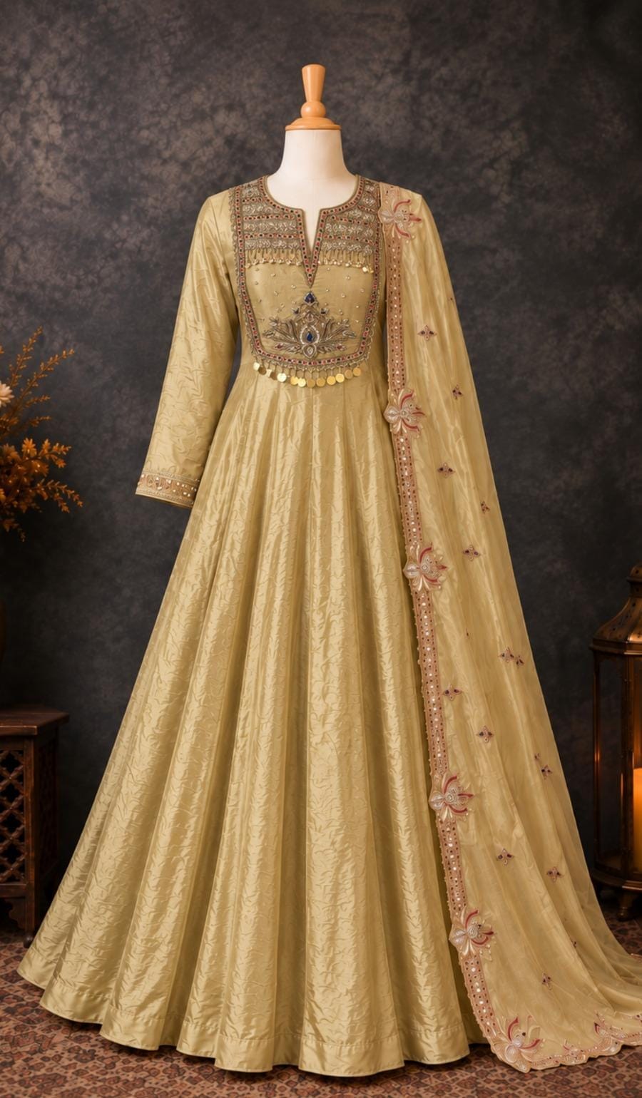 legant Champagne Gold Embroidered Anarkali Gown with Dupatta