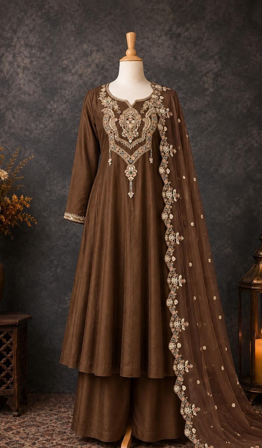 Elegant Chocolate Brown Embroidered Anarkali Suit with Dupatta