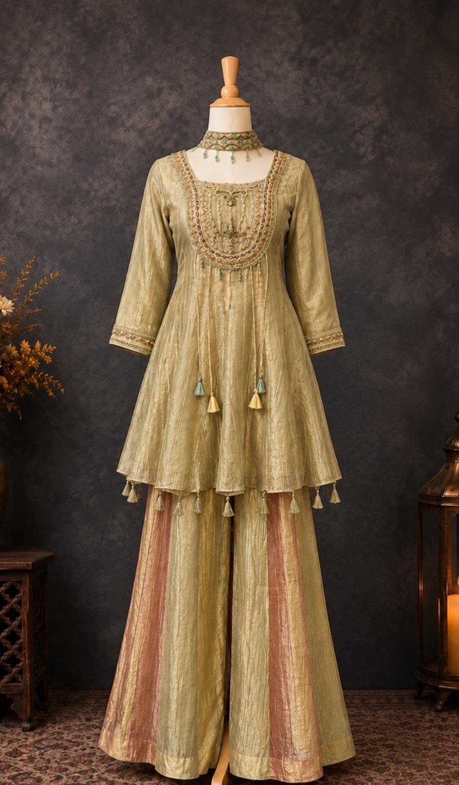 Elegant Gold Embroidered Kurti Palazzo Set with Pink Panels
