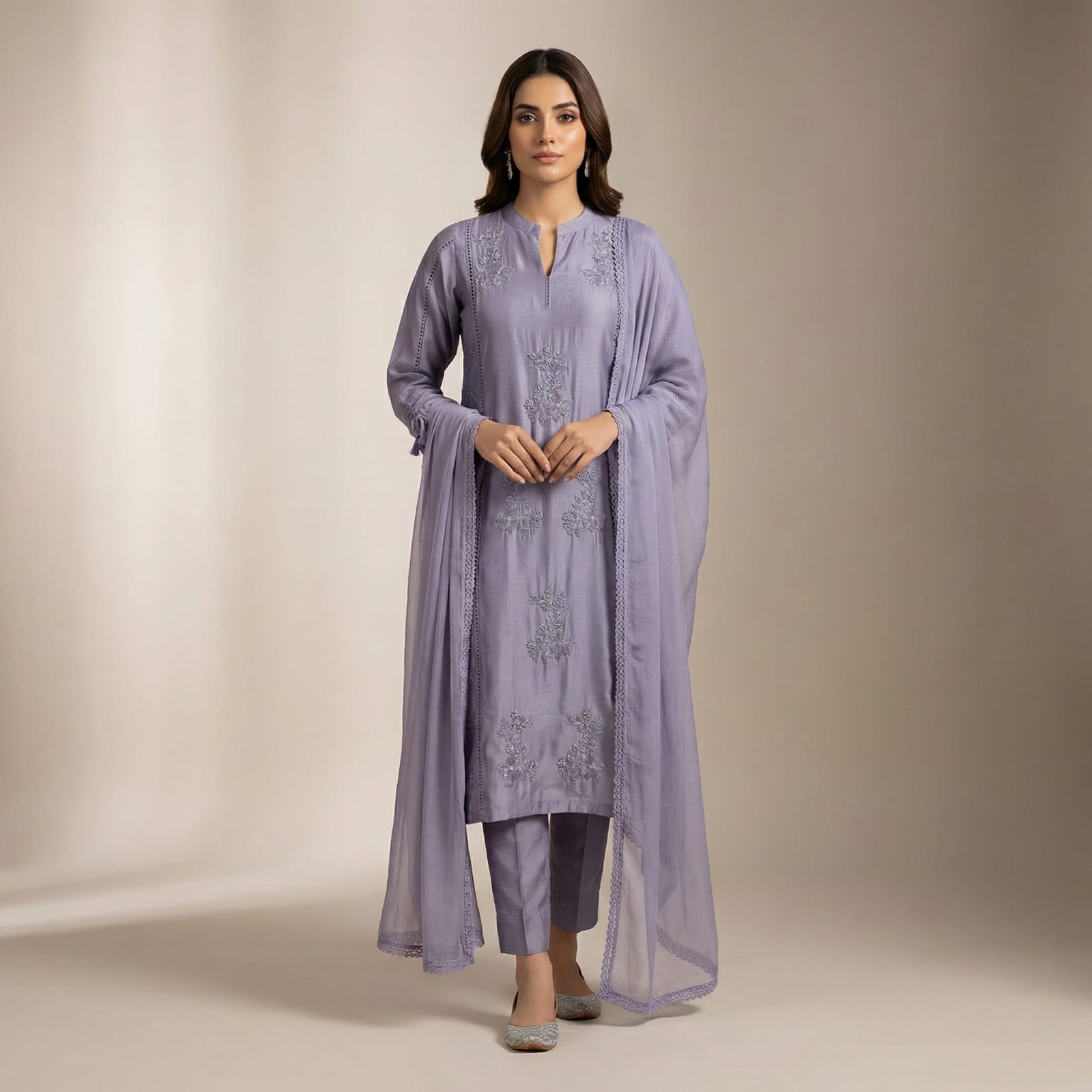 Elegant Lavender Embroidered Straight Suit Set with Dupatta