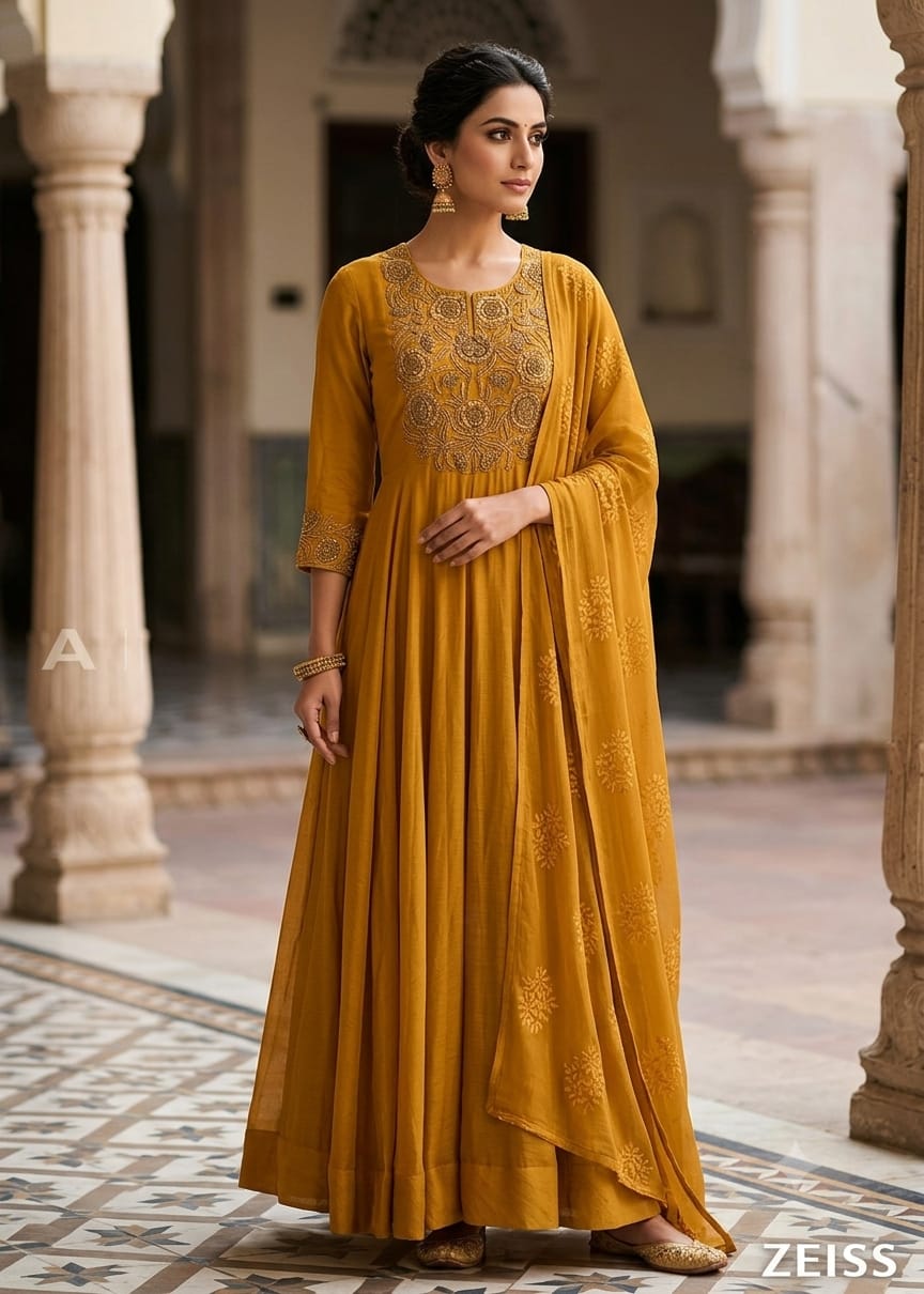 Elegant Mustard Yellow Embroidered Anarkali Suit with Dupatta
