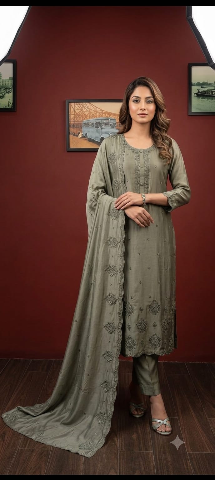 Elegant Olive Green Embroidered Suit Set with Dupatta