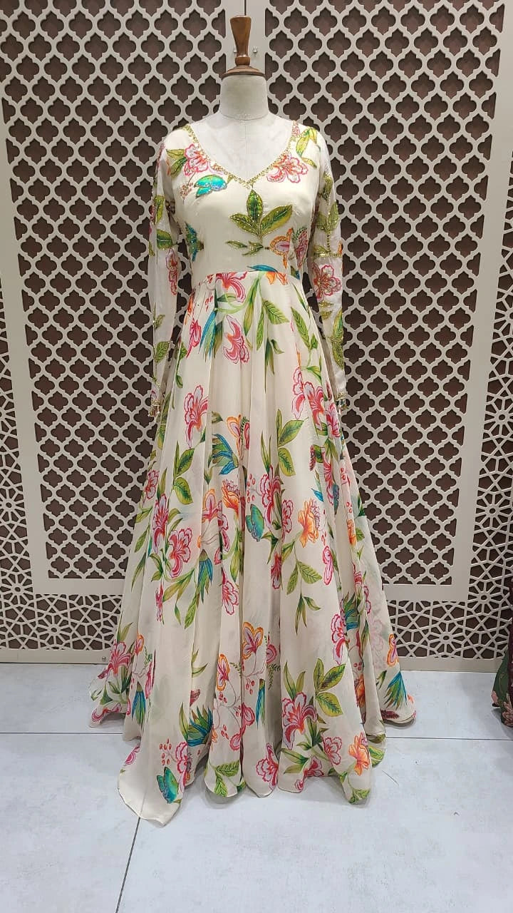 Pastel Floral Indo-Western Gown for Women | Peach Petals