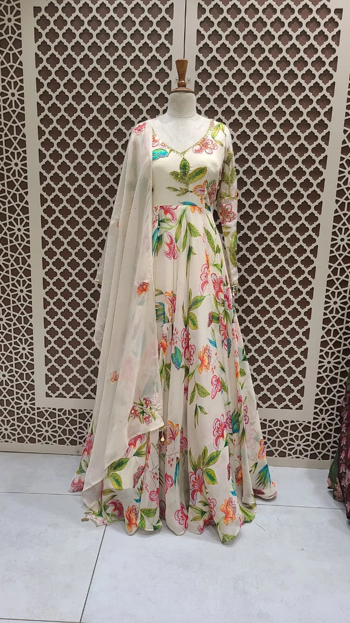 Pastel Floral Indo-Western Gown for Women | Peach Petals
