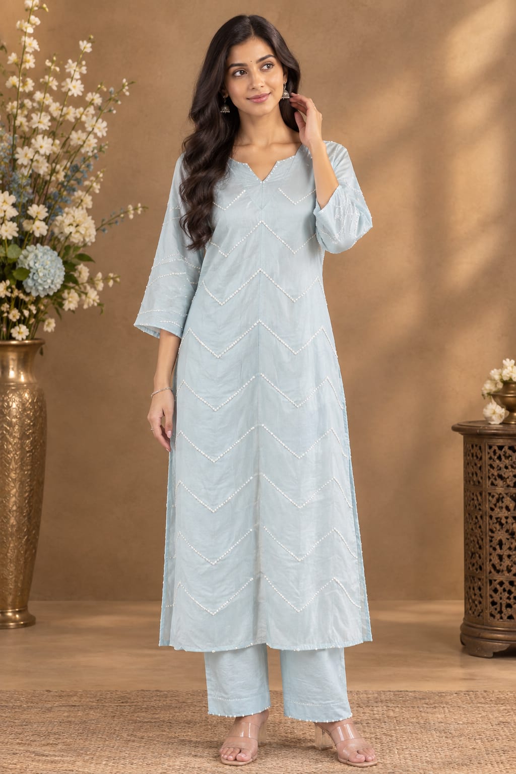 Lavender Real Moti Work Straight Kurta Set