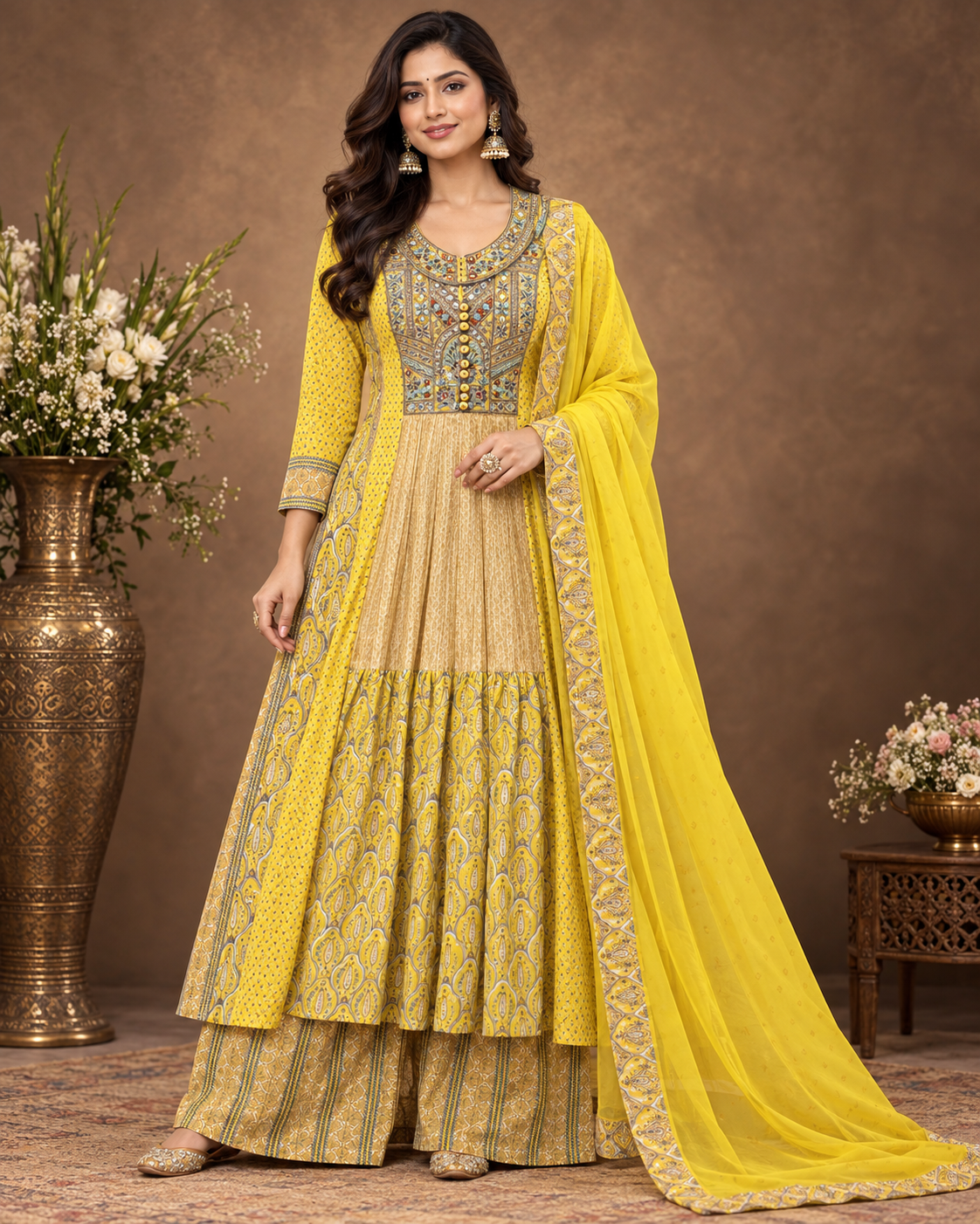 Yellow Printed Anarkali Kurta Set with Dupatta